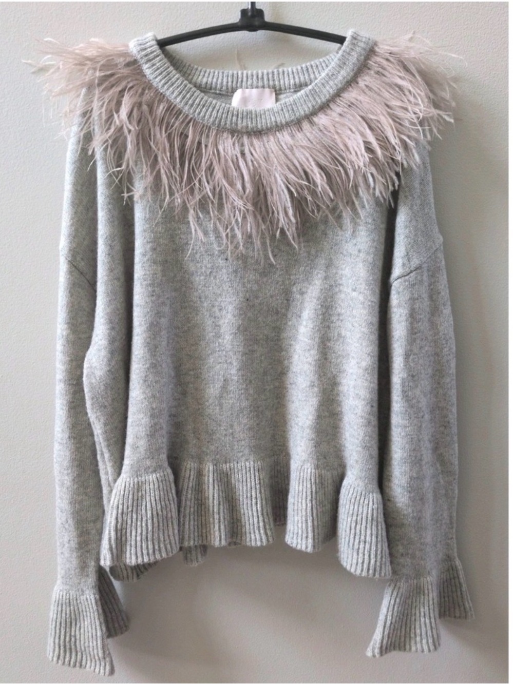 cinq a sept Feather-Trim Light Grey Crewneck Sweater